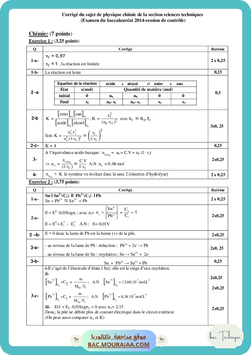 Corrigé controle physique Bac 2014 – Section technique